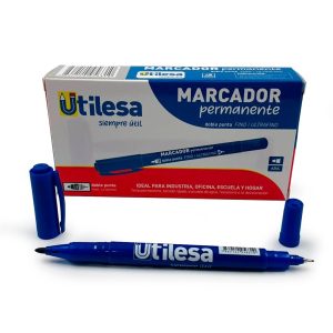 Marcador Permanente Azul Doble Punta Fino y Ultra Fino Utilesa